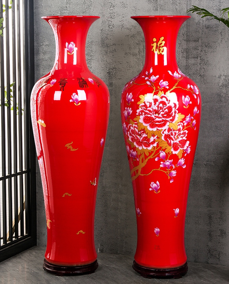 红色陶瓷大花瓶描金牡丹花开富贵