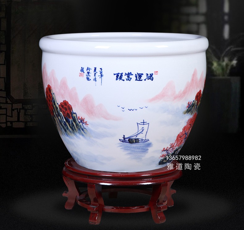 景德镇手绘艺术陶瓷水缸书画卷轴缸