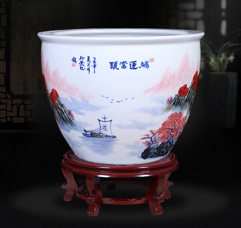 景德镇手绘艺术陶瓷水缸书画卷轴缸