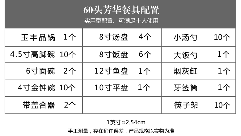 景德镇60头金边家用骨瓷餐具套装（芳华）配置表