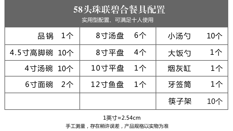 景德镇家用58头骨瓷餐具套装（珠联碧合）配置表