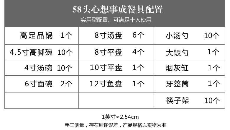 青花58头家用骨瓷餐具套装（心想事成）配置表