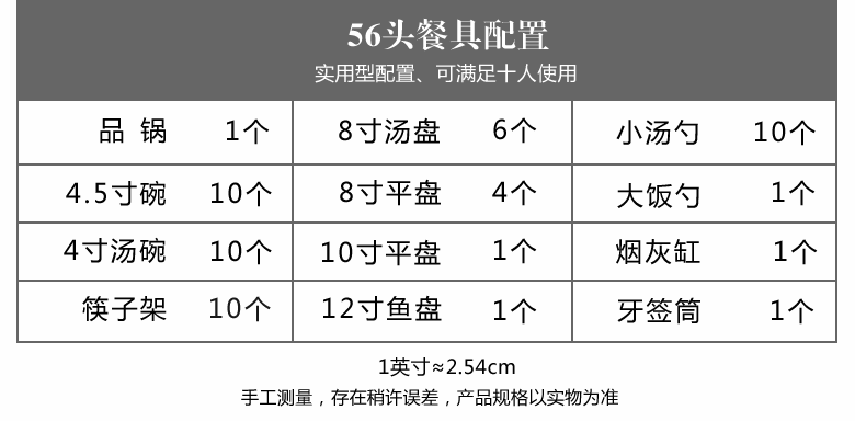 56头青花白瓷餐具配置表