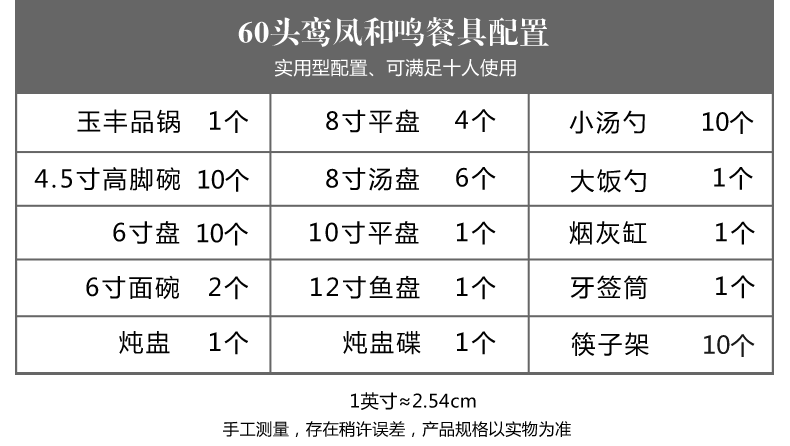 高档家用陶瓷餐具套装（60头锦上添花）配置表