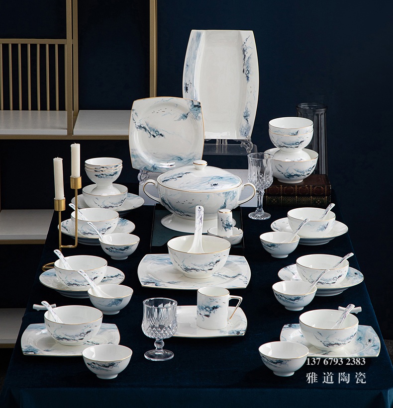 中式骨瓷餐具套装60头水墨丹青